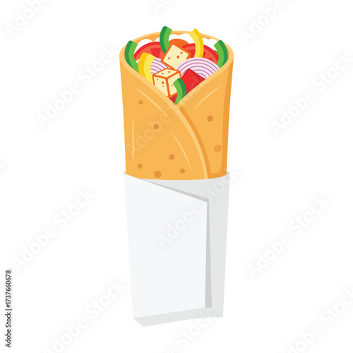 Delicious vegetarian street food wrap filled with fresh vegetables and paneer, a savory and satisfying snack