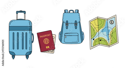 Travel Essentials Blue Suitcase Backpack Passport and Map Icon Perfect for Tourism and Adventure Concepts