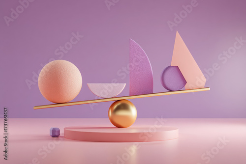 Geometric Shapes Balancing on a Golden Seesaw with Pastel Pink and Purple Background

