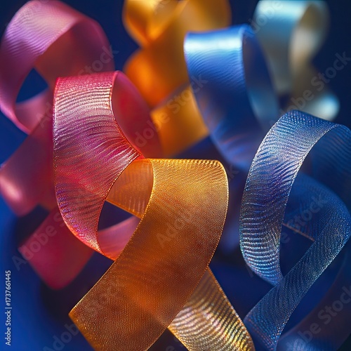 Woven ribbons loop, various bright colors on blue backdrop