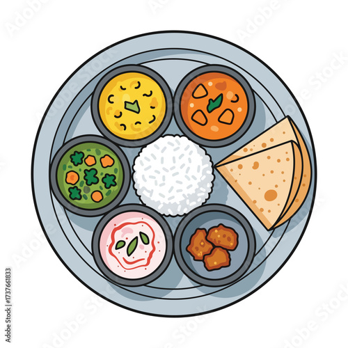 Colorful Illustration of Traditional Indian Thali Meal with Variety of Dishes