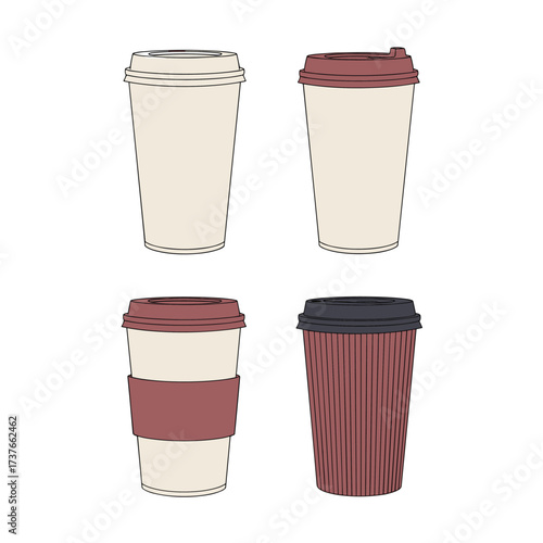 Four different disposable coffee cups with lids.