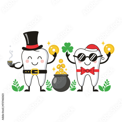 Two smiling cartoon teeth dressed as leprechauns are holding gold coins and a pot of gold is between them.