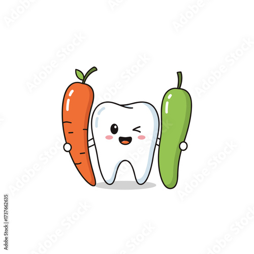 A happy cartoon tooth with a carrot and a cucumber celebrating dental health.