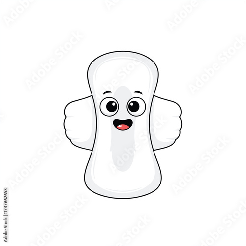 A cute cartoon sanitary pad character with a happy expression and raised arms.