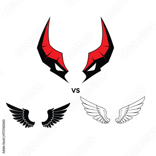 A symbolic comparison of demonic horns versus angelic wings in an artistic representation.