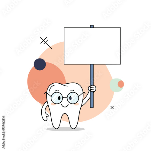 A happy cartoon tooth holding a blank sign for dental information.