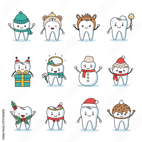 Cute cartoon teeth characters dressed in festive holiday outfits and costumes celebrating winter.