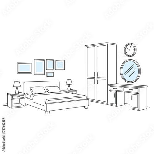 A minimalist bedroom design featuring a bed with side tables lamps and a wardrobe with a dressing table.