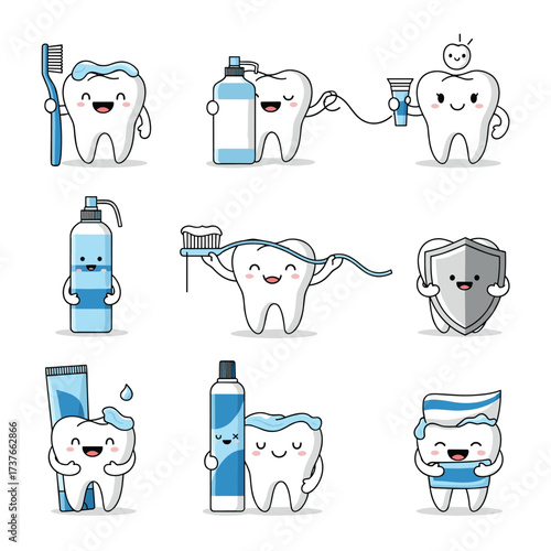 Cute cartoon teeth characters demonstrating good dental hygiene practices for healthy smiles.