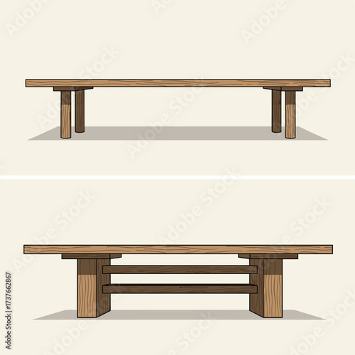 Two different rustic wooden tables with sturdy construction for various uses.