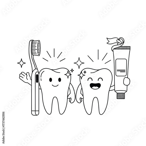 Two happy cartoon teeth holding a toothbrush and toothpaste together.