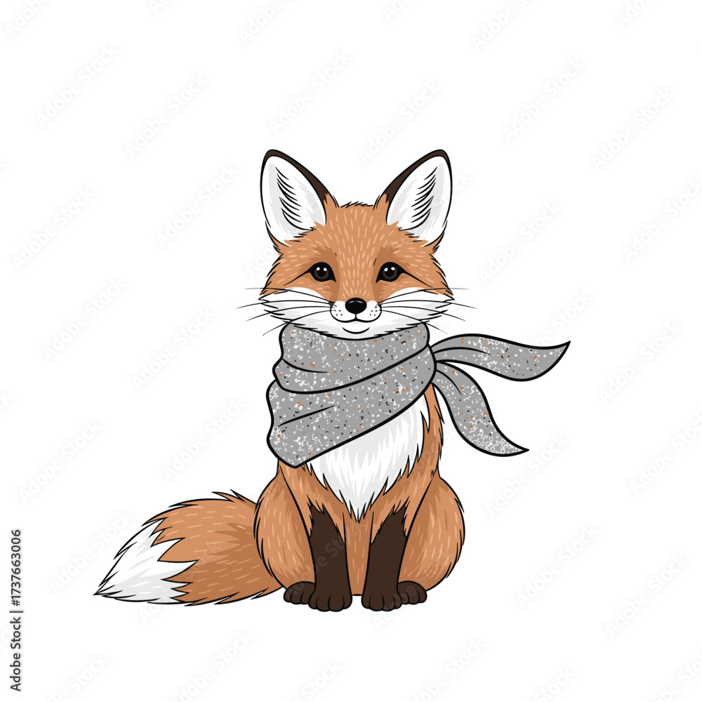 Obraz premium A cute fox wearing a cozy grey scarf in a winter forest scene.