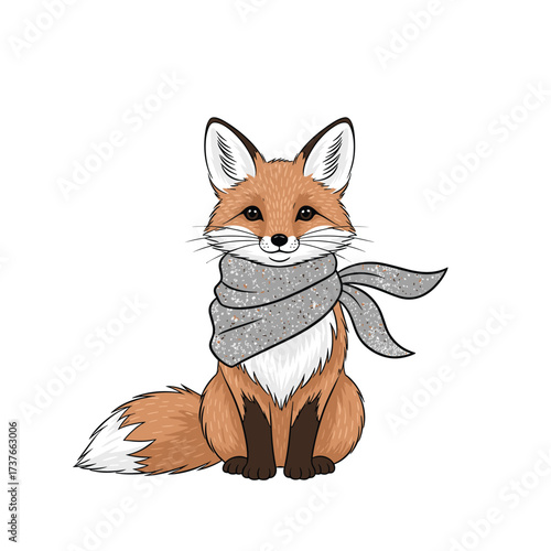 A cute fox wearing a cozy grey scarf in a winter forest scene.