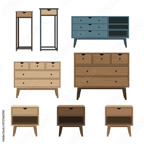 Collection of mid century modern wooden furniture pieces including dressers and cabinets.