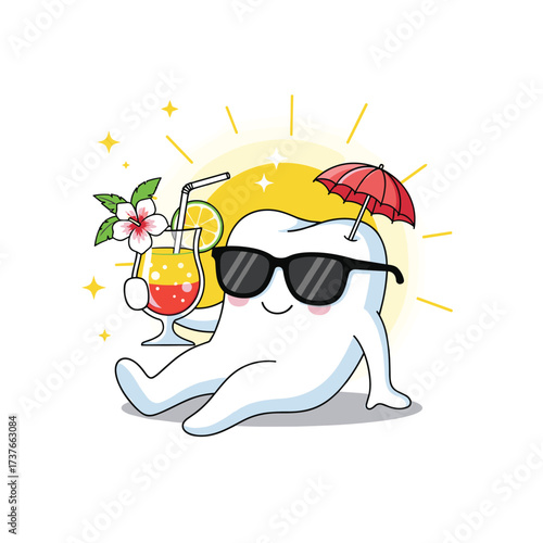 A cartoon tooth wearing sunglasses enjoys a refreshing drink under an umbrella during a sunny day.