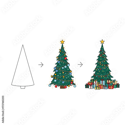 A step-by-step guide to drawing a festive Christmas tree with presents.