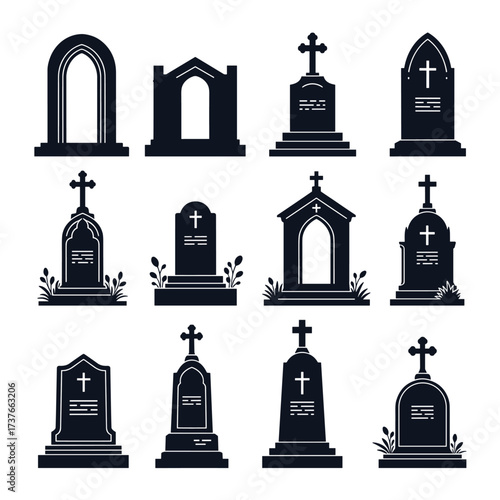 Collection of various gothic and traditional gravestone designs with crosses and ornate architectural elements.