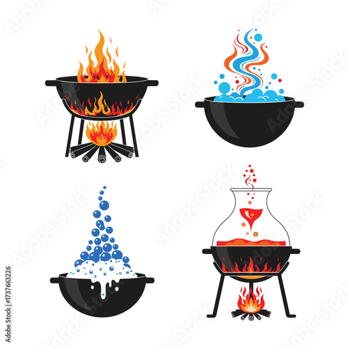 A collection of pots and cauldrons bubbling with various colorful liquids and flames on a white background.