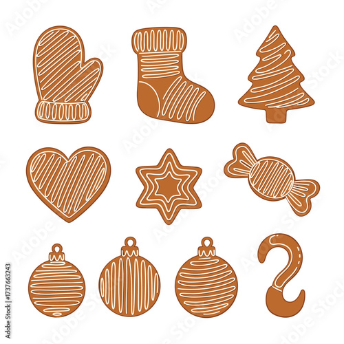 Collection of festive gingerbread cookies in various holiday shapes including a mitten a stocking a christmas tree a heart a star a candy and ornaments.