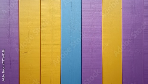 Colorful planks. Vertical yellow, blue, purple wood pattern