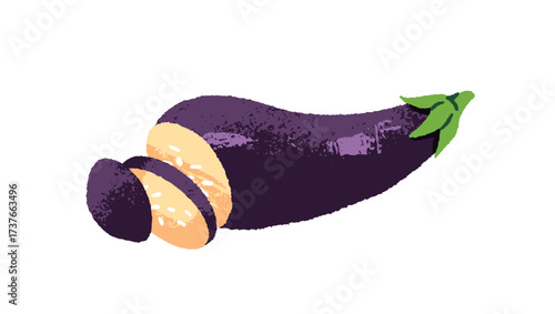 Icon of chopped eggplant, aubergine. Healthy fresh vegetable, cutted brinjal. Farm product for eating, natural food, agriculture crop, harvest. Flat isolated hand drawn vector illustration on white