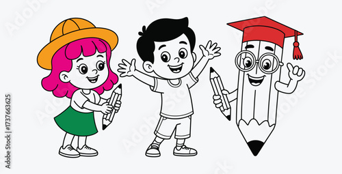 Happy students ready for school with pencil and graduation concept art