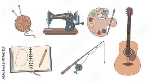 Hobbies Crafts Collection Sewing Machine Guitar Art Palette Yarn Sketchbook Fishing Rod Handmade Creative Pursuits Leisure Activities