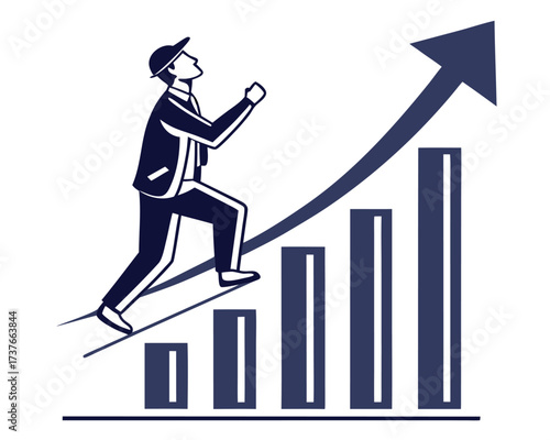 Businessman running up a finance graph arrow to success and market growth