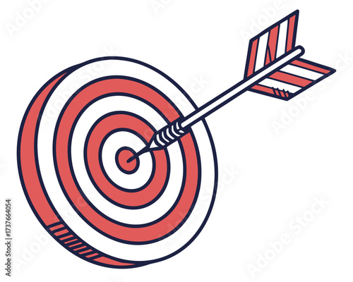 An arrow hits the center of a red target on a dartboard, representing business success and accuracy toward a goal