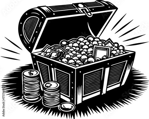 Old black cartoon treasure chest with gold coins vector illustration isolated on white