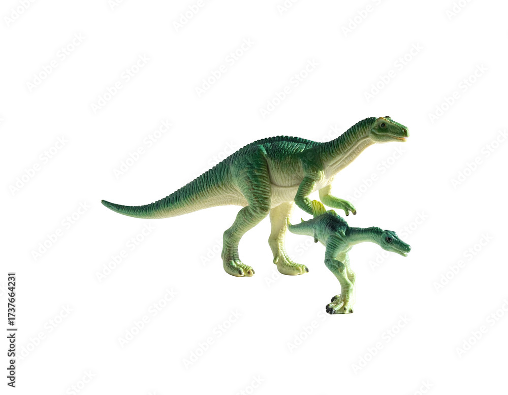 Obraz premium Two plastic toy dinosaurs, one atop the other, against a stark black background