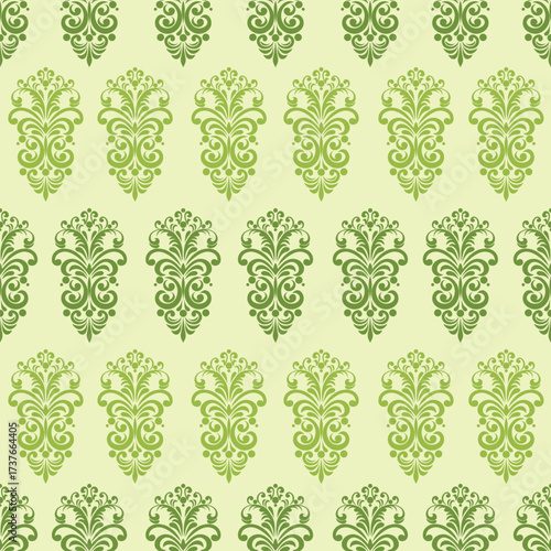 Ornate vintage floral design in shades of green on a pale background, repeating symmetrically.