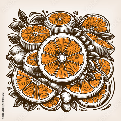 orange slices and whole fruit with leaves, symbolizing freshness, citrus flavor, and healthy nutrition sketch engraving generative ai vector illustration. Scratch board imitation. Black and white.