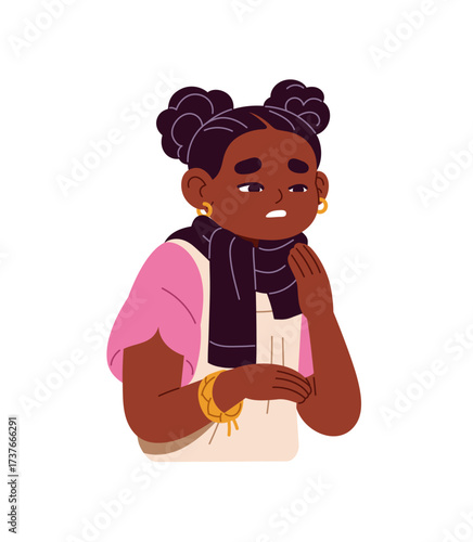 Kid with sore throat is wrapped with scarf. Little girl is ill, suffers from symptoms of cold, flu, influenza. Child is sick, feels unwell, pain. Flat isolated vector illustration on white background