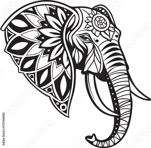 Elegant Elephant Head Black and White Ornate Design Vector Illustration