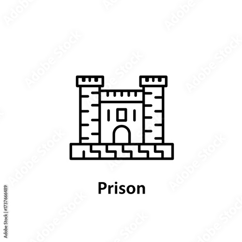 Line art illustration of a prison building with towers and walls  