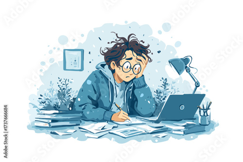 Panicked student studying the night before the exam s 0990c2cd-7393-4a61-a20b-b22c4dc15135 overloaded isolated