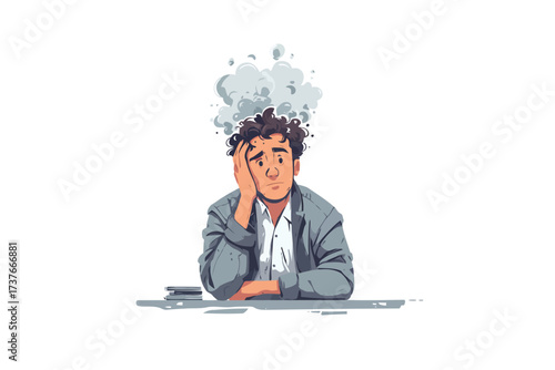 Stressed man with smoke on his head smoking isolated
