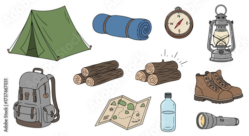 Camping Gear Collection Tent Backpack Sleeping Bag Compass Lantern Boots Map Water Bottle Firewood Flashlight Outdoor Adventure Icons Vector Illustration
