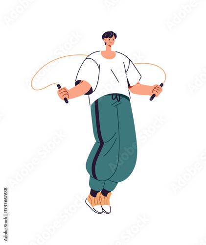 Happy boy in sportswear is skipping rope. Athlete jumps, hops while sports workout. Sportsman leaps, does physical exercises during training. Flat isolated vector illustration on white background