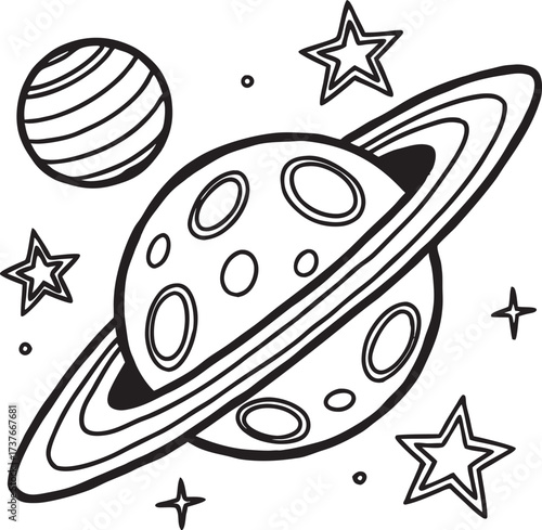 Outer Space Coloring Page with Planets Stars and Rings Illustration