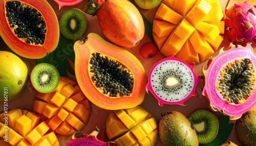 Colorful Tropical Fruits Freshly Cut on Pastel Background Studio Still Life