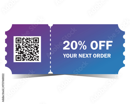 Coupon ticket template with QR code 20% off discount voucher vector design