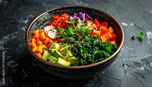 Colorful Vegetable Bowl with Fresh Ingredients on Dark Background Healthy Food Photography Full of Nutrition