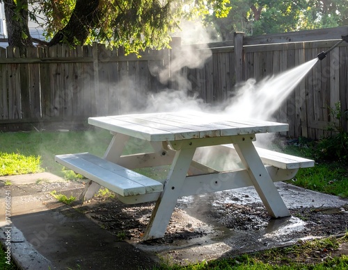 Outdoor Picnic Table Cleaning with Power Washer.