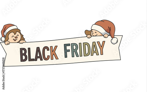 People holding Black Friday banner with shopping bags and discount sign in casual clothes vector illustration 
