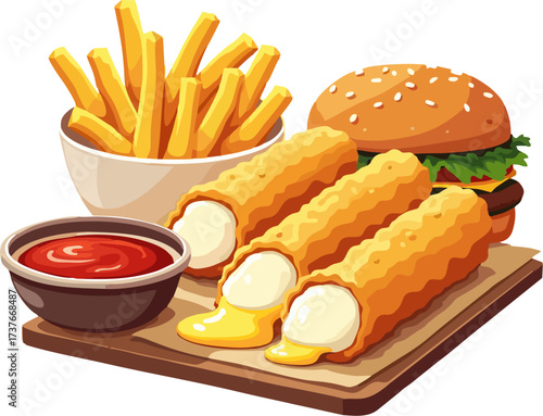 Mozzarella Cheese Sticks, French Fries, Burger, and Ketchup Sauce