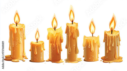 Cartoon style candles in a motion sequence, showing burning flames, glowing and extinguished lights, with melted wax details, isolated on white background