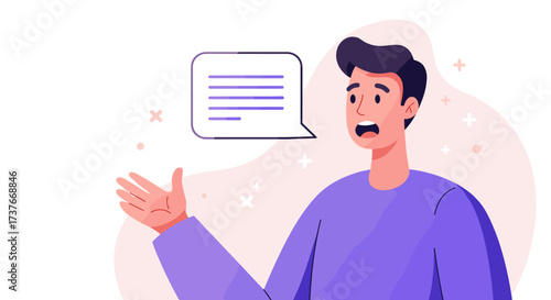 Young man speaking and gesturing with speech bubble illustration  